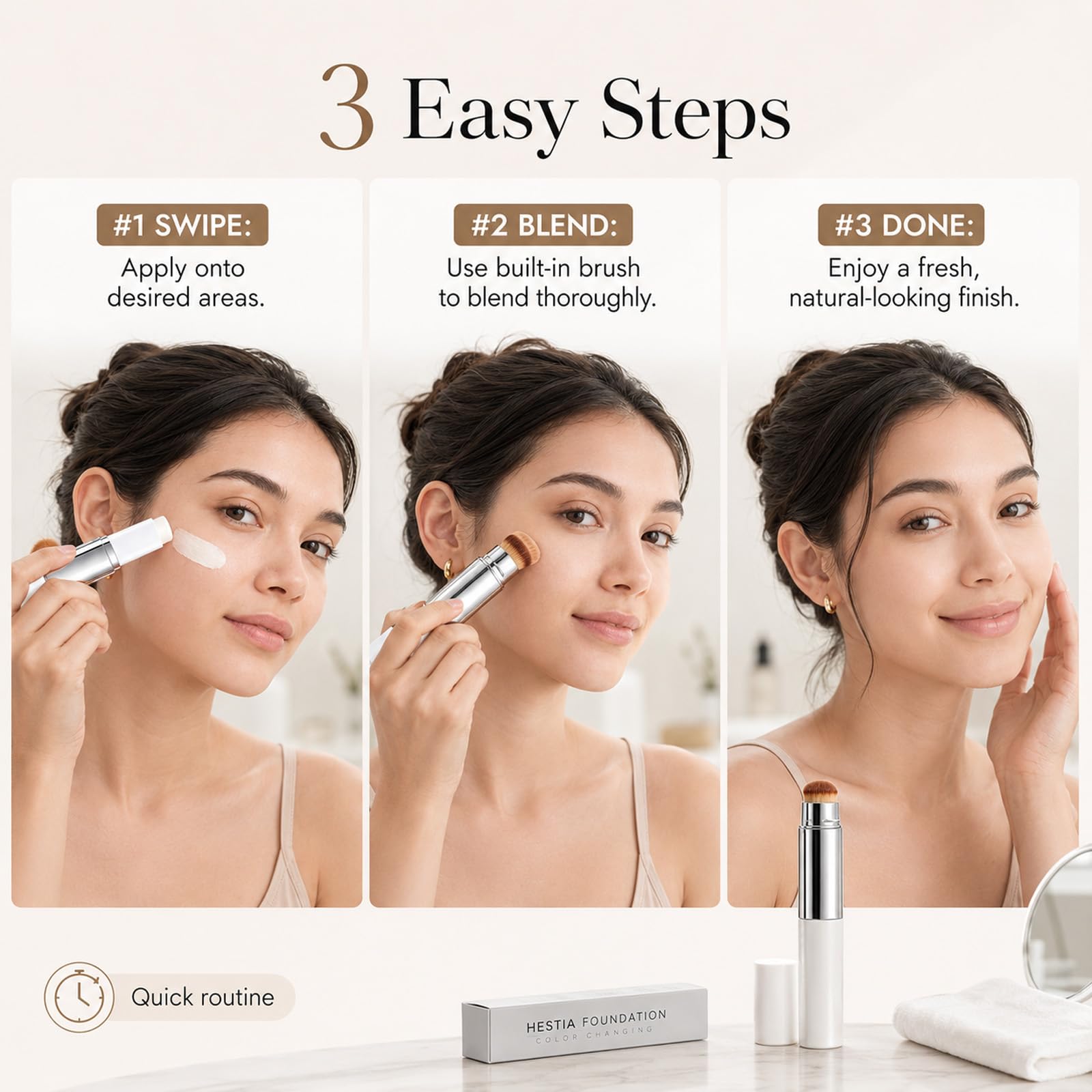 Hestia Foundation applied on cheek demonstrating color adapt and natural finish benefit