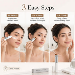 Hestia Foundation applied on cheek demonstrating color adapt and natural finish benefit