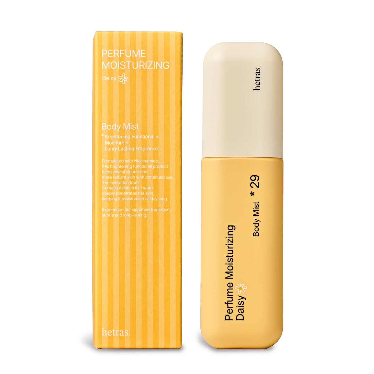 hetras front packaging displaying daisy scent and compact design for travel
