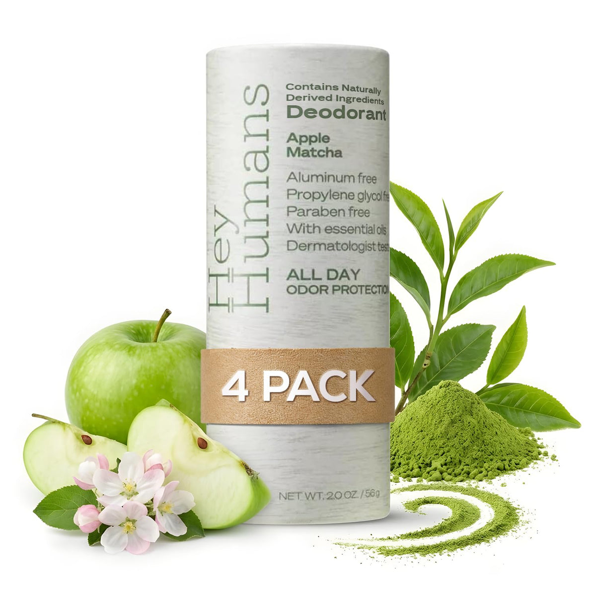 Hey Humans front packaging showing Apple Matcha label and sustainable benefits