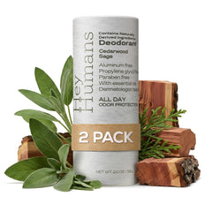 HEY HUMANS front packaging showing cedarwood sage stick and recyclable paper — natural odor control