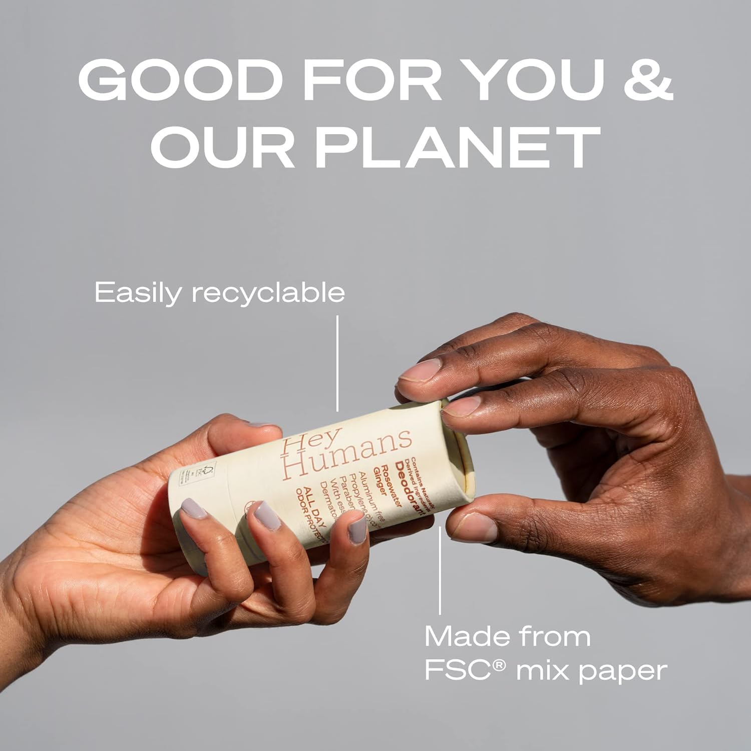 Hey Humans deodorant held in hand to show size and easy daily use