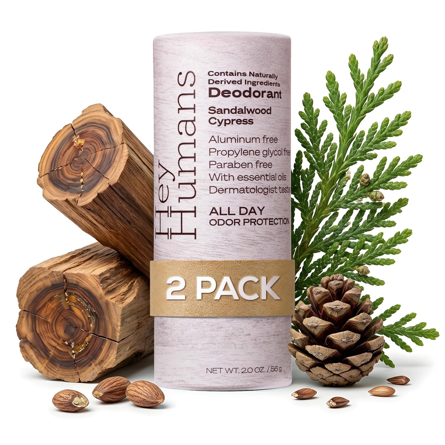 Hey Humans front packaging showing Sandalwood Cypress and recyclable paper benefits