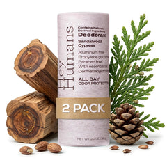 Hey Humans front packaging showing Sandalwood Cypress and recyclable paper benefits