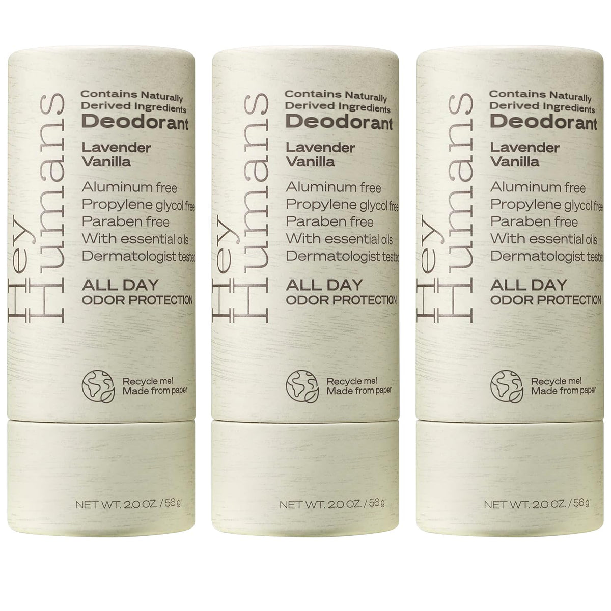 Hey Humans front packaging showing three lavender vanilla sticks and clear labeling for easy choice
