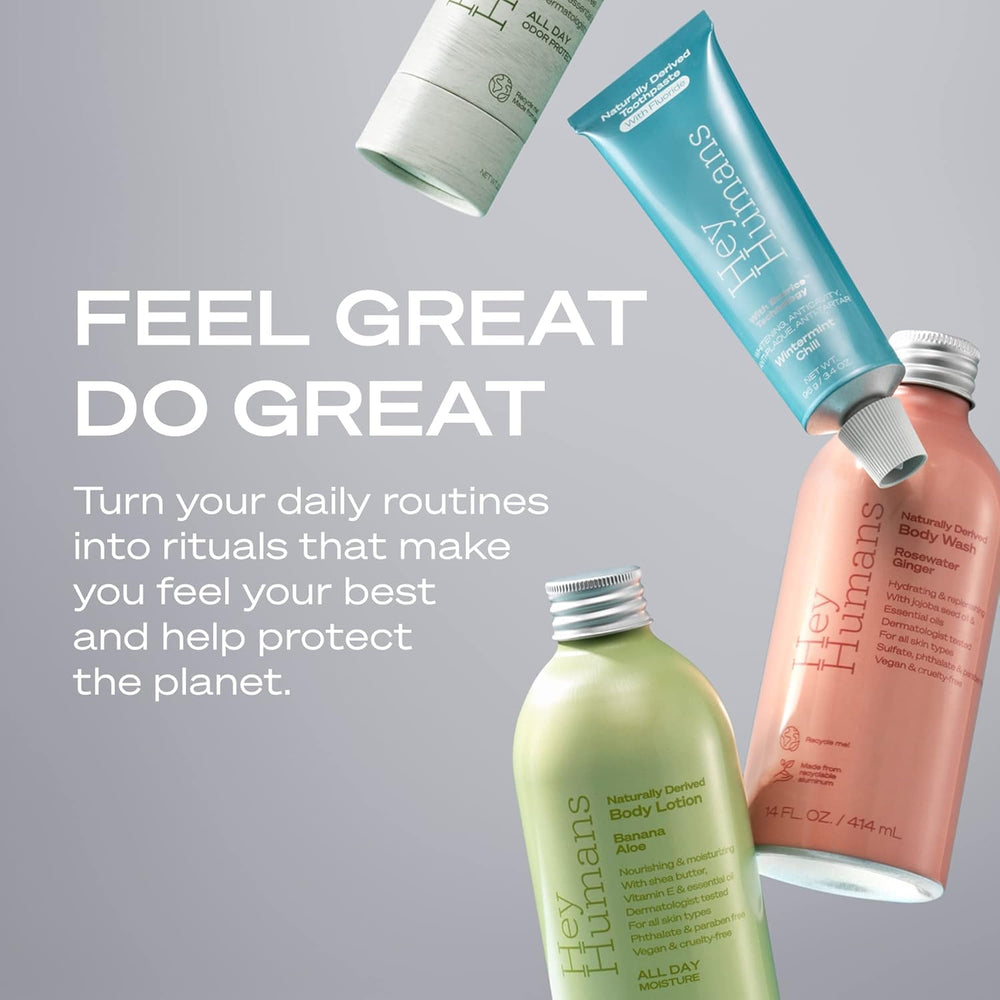 Hey Humans in bathroom morning routine setting illustrating fresh scent and confidence all day