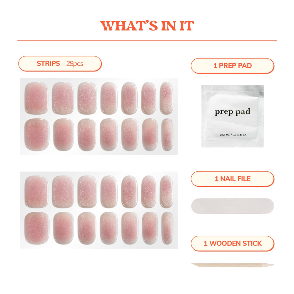 heyhae applied strip on finger showing wearable pink manicure