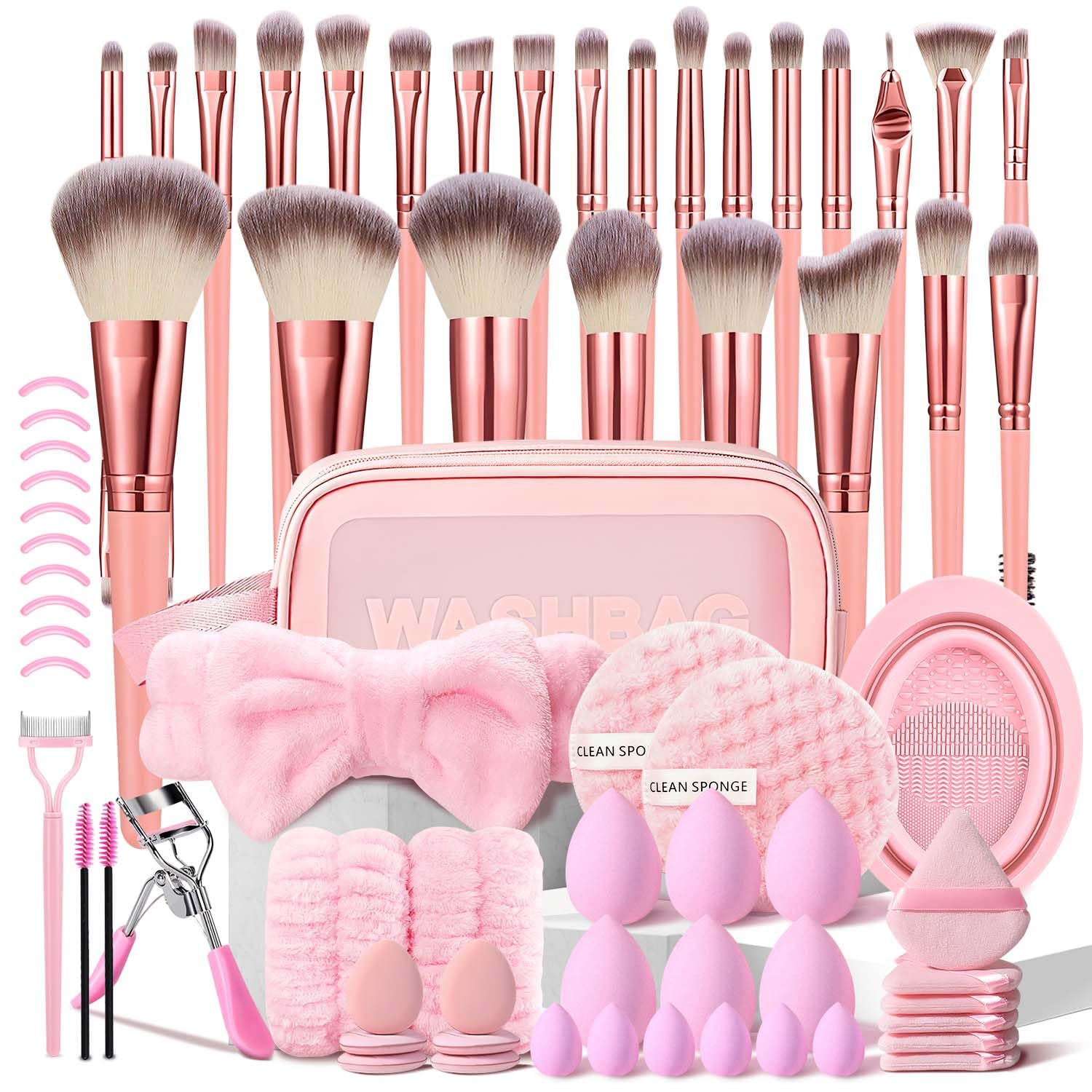 HGHDBT front packaging showcasing full pink 70-piece brush kit, clear storage benefit