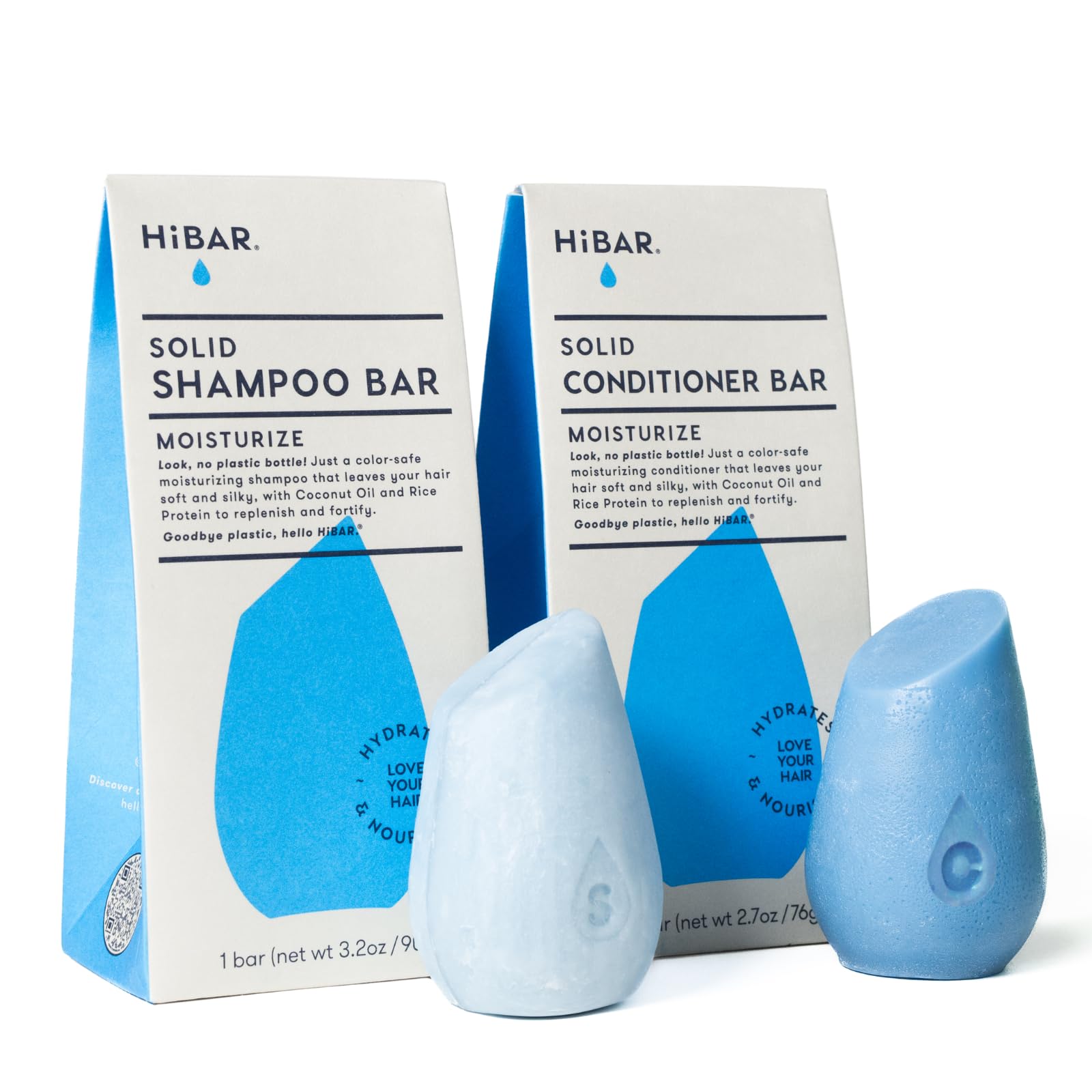 HIBAR front packaging showing two solid bars and eco-friendly box, emphasizes plastic-free benefit