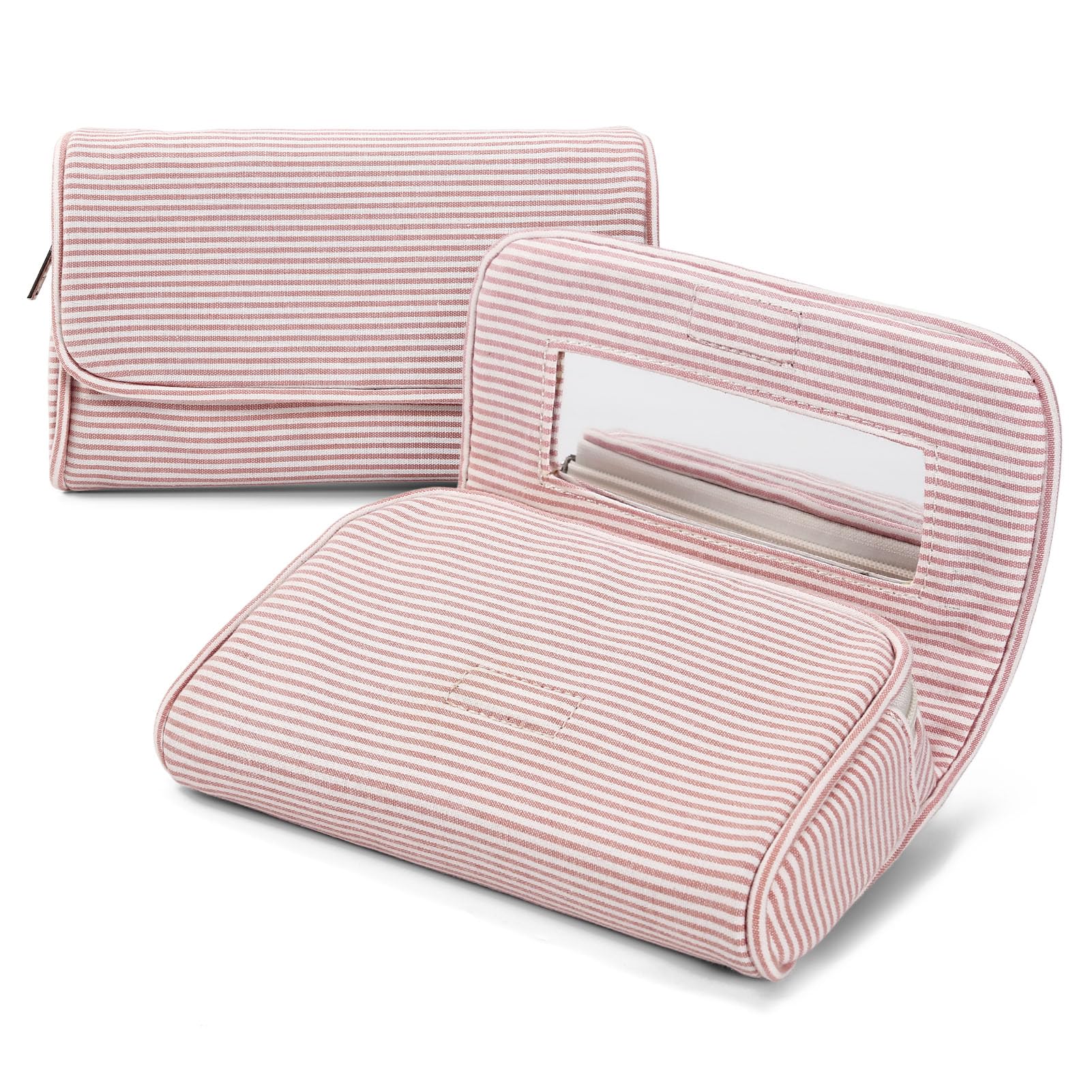 Hibilog front view of light pink stripe pouch showing compact design and organized look