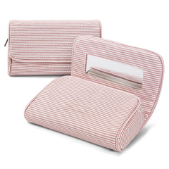 Hibilog front view of light pink stripe pouch showing compact design and organized look