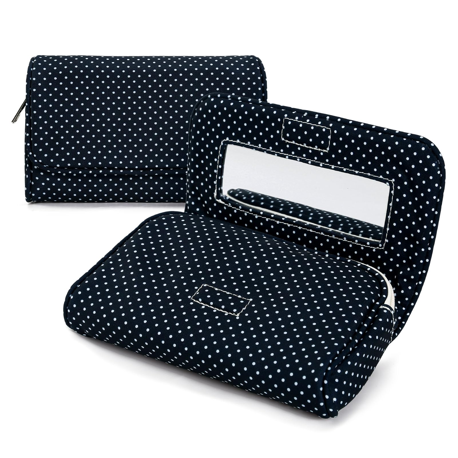 Hibilog front view navy polka dots showing compact stylish storage benefit