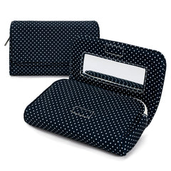 Hibilog front view navy polka dots showing compact stylish storage benefit