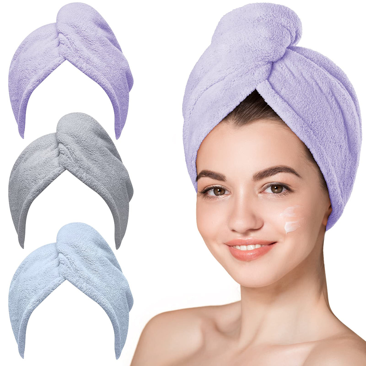 Hicober front view of three colored towel wraps showing convenience and value