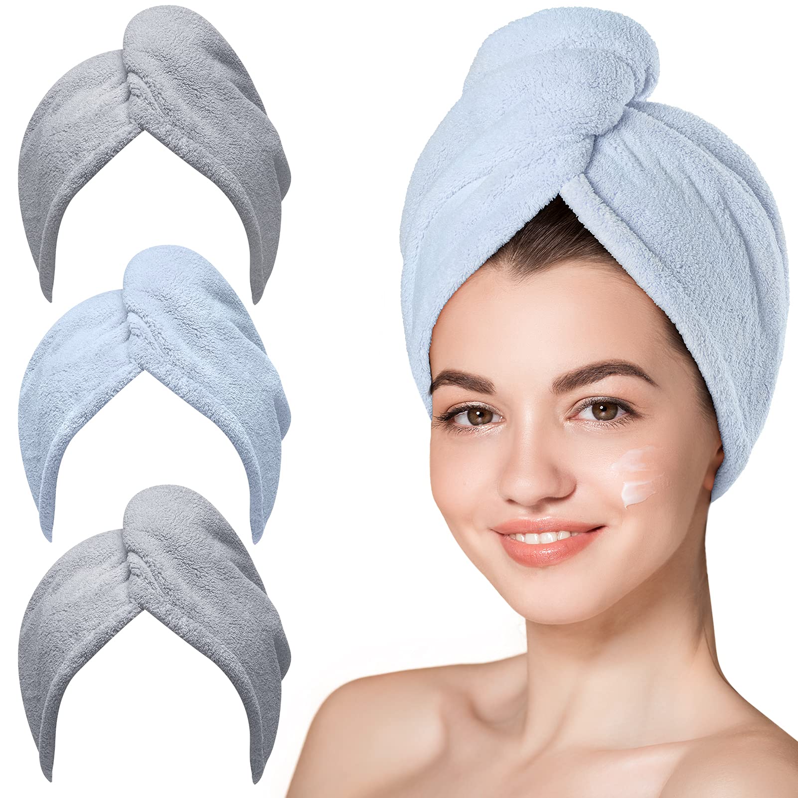 Hicober front view of 3-pack grey blue-grey towels showing neat packaging and convenience
