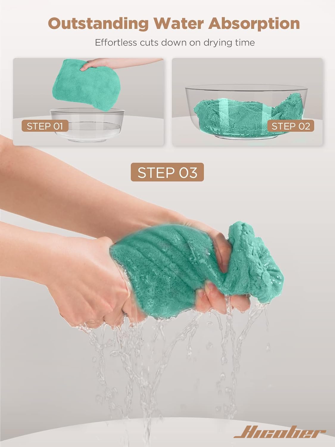 Hicober towel held in hand for scale showing lightweight design and travel-friendly benefit