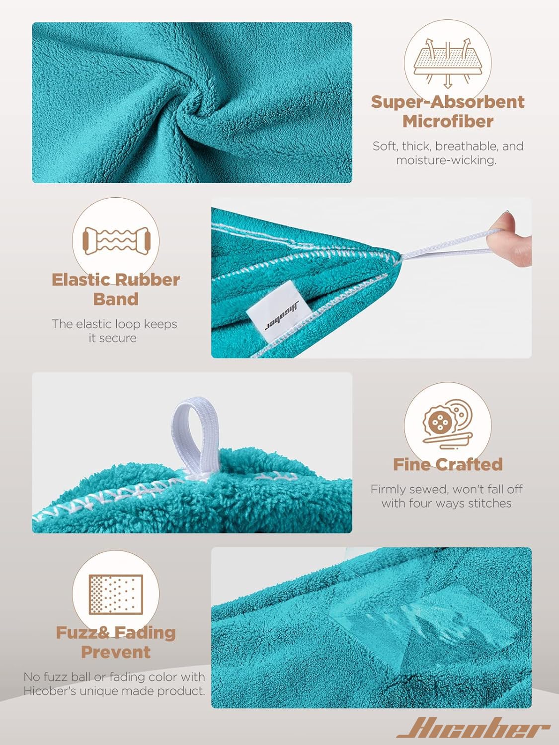 Hicober towel worn on model demonstrating hands-free drying convenience