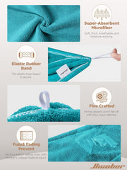 Hicober towel worn on model demonstrating hands-free drying convenience