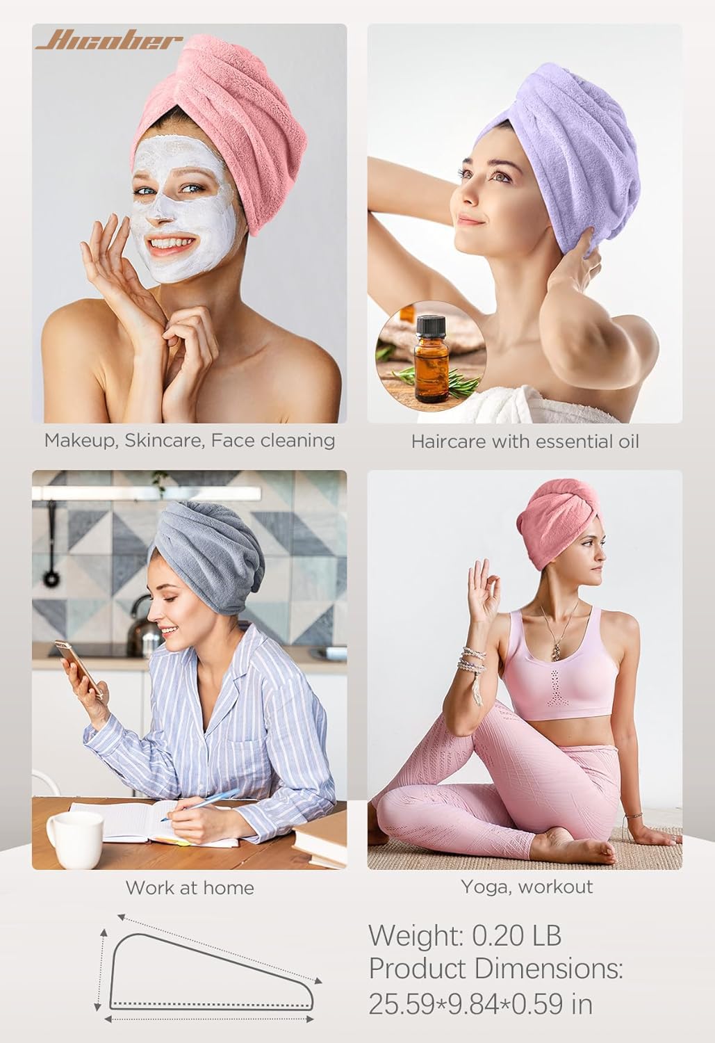 Woman wearing Hicober towel wrap showing hands-free drying practicality benefit