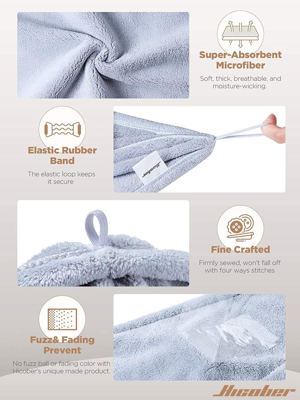 Hicober wrap worn on long hair in bathroom demonstrating secure hands-free drying