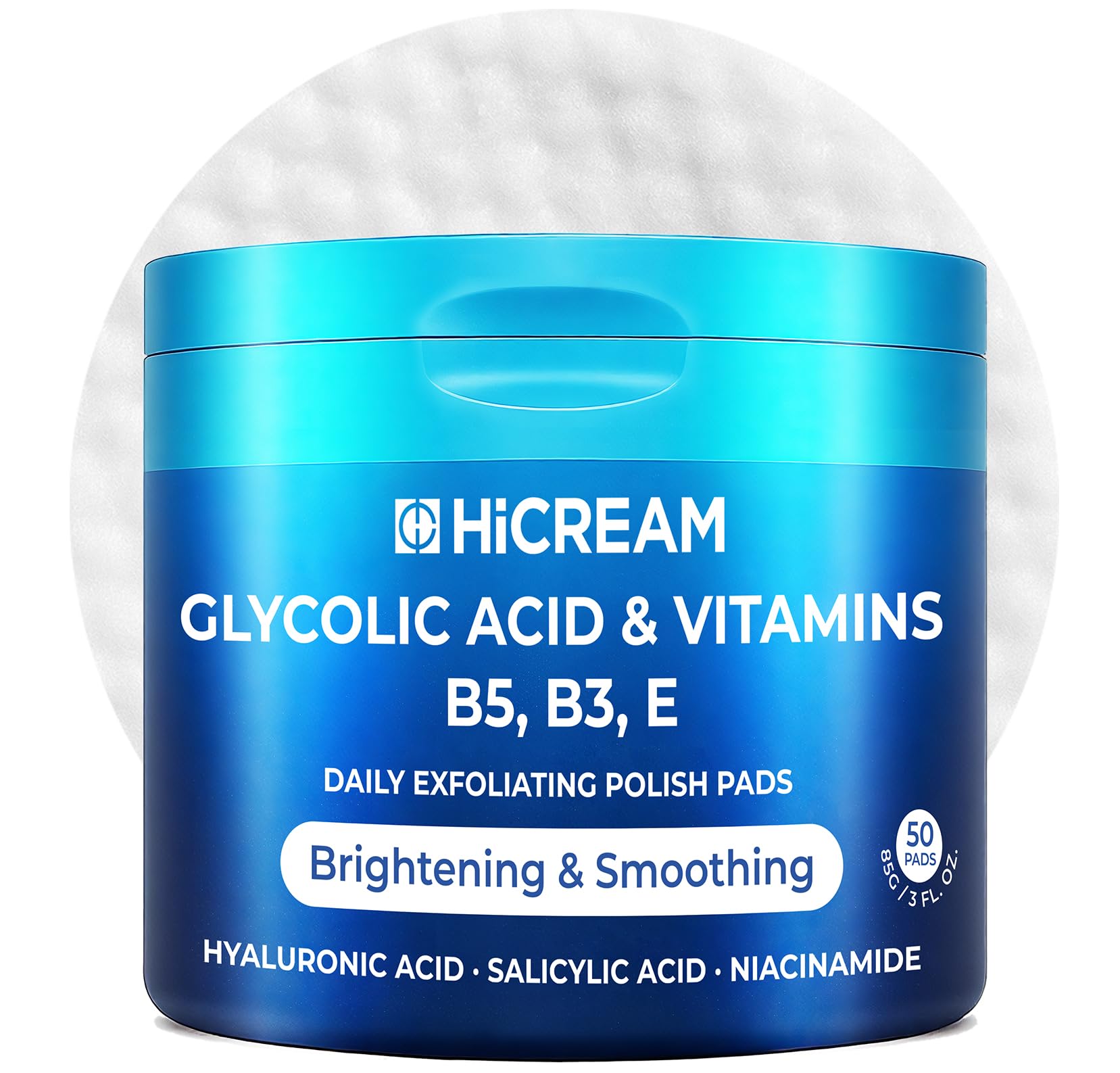 Hicream front packaging showing 50 glycolic acid pads for travel convenience