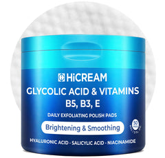 Hicream front packaging showing 50 glycolic acid pads for travel convenience