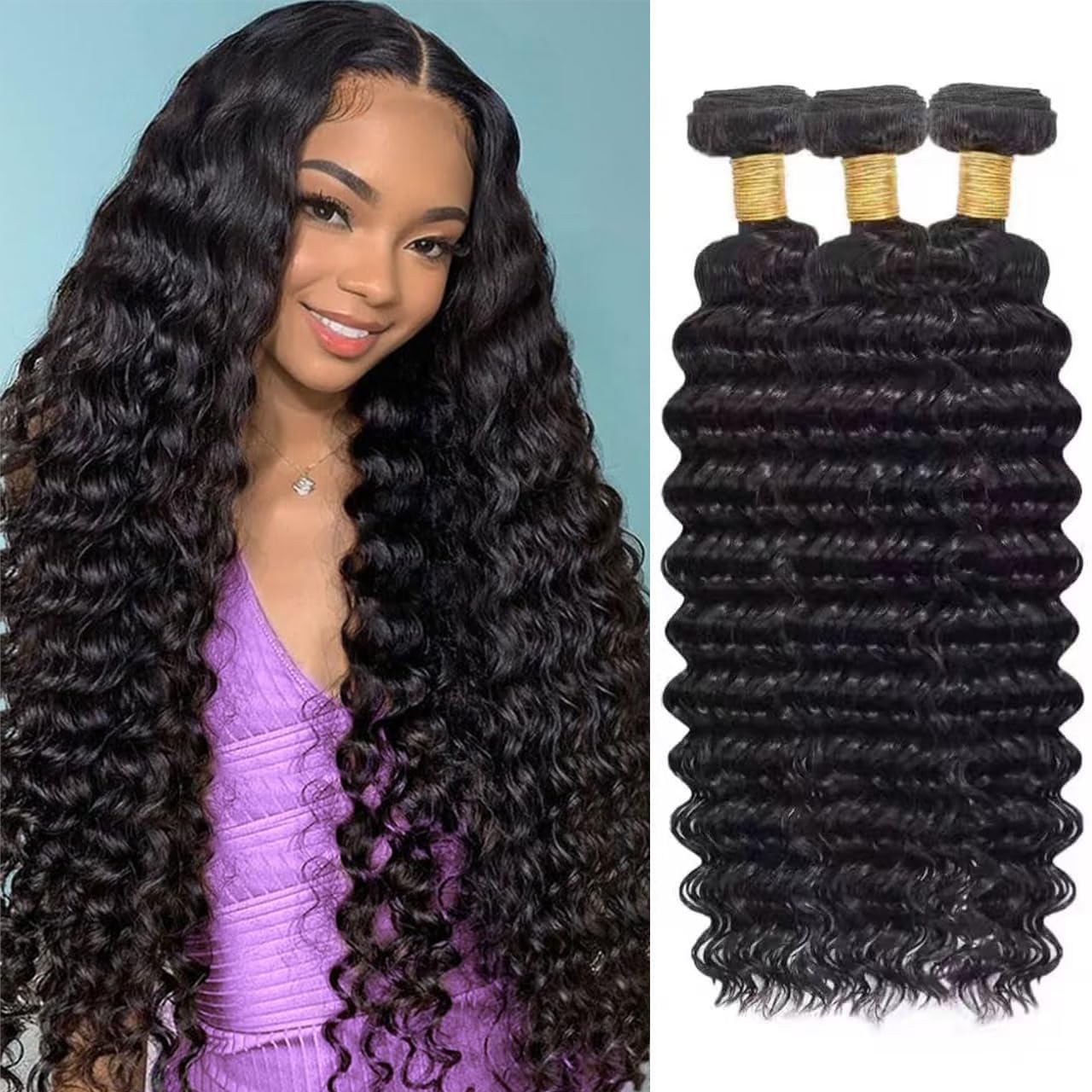 Higher front packaging showing three deep wave bundles and brand benefit of full weight