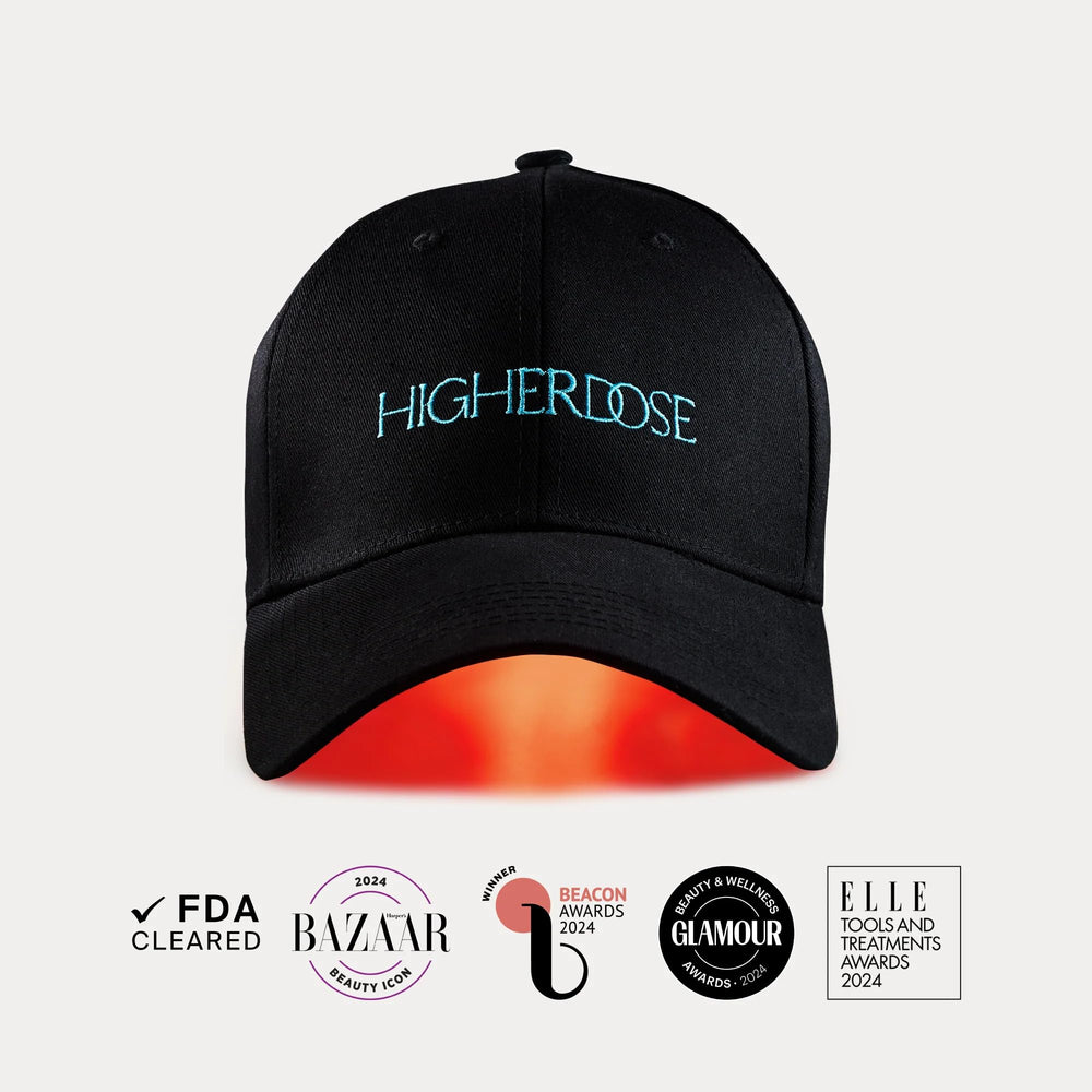 HigherDOSE hat in bathroom routine setting showing easy daily use benefit