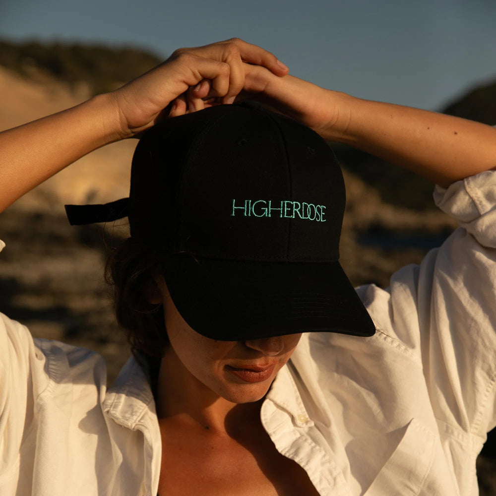HigherDOSE hat worn on head showing hands-free comfort benefit
