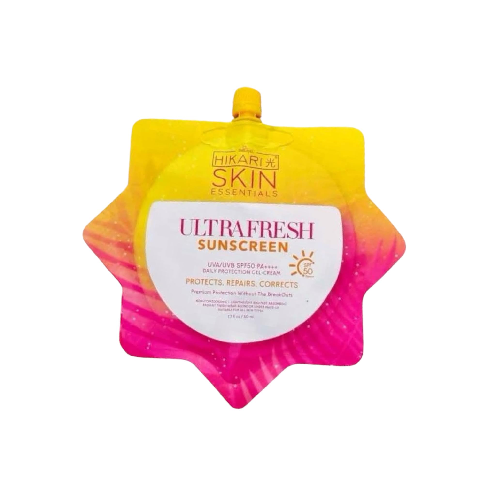 HikariSkin front packaging showing SPF 50 protection and lightweight gel-cream benefit