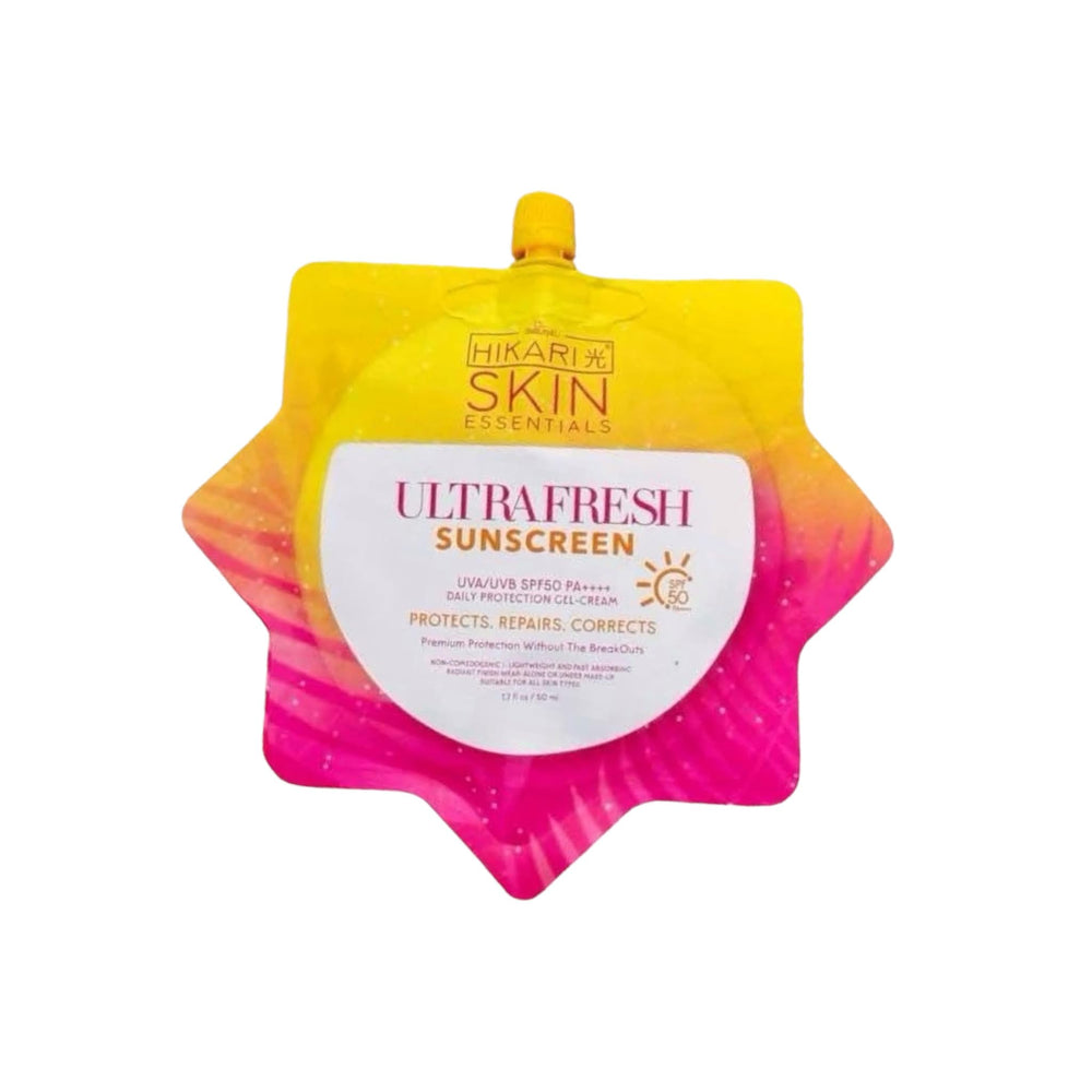 HikariSkin front packaging showing SPF 50 protection and lightweight gel-cream benefit