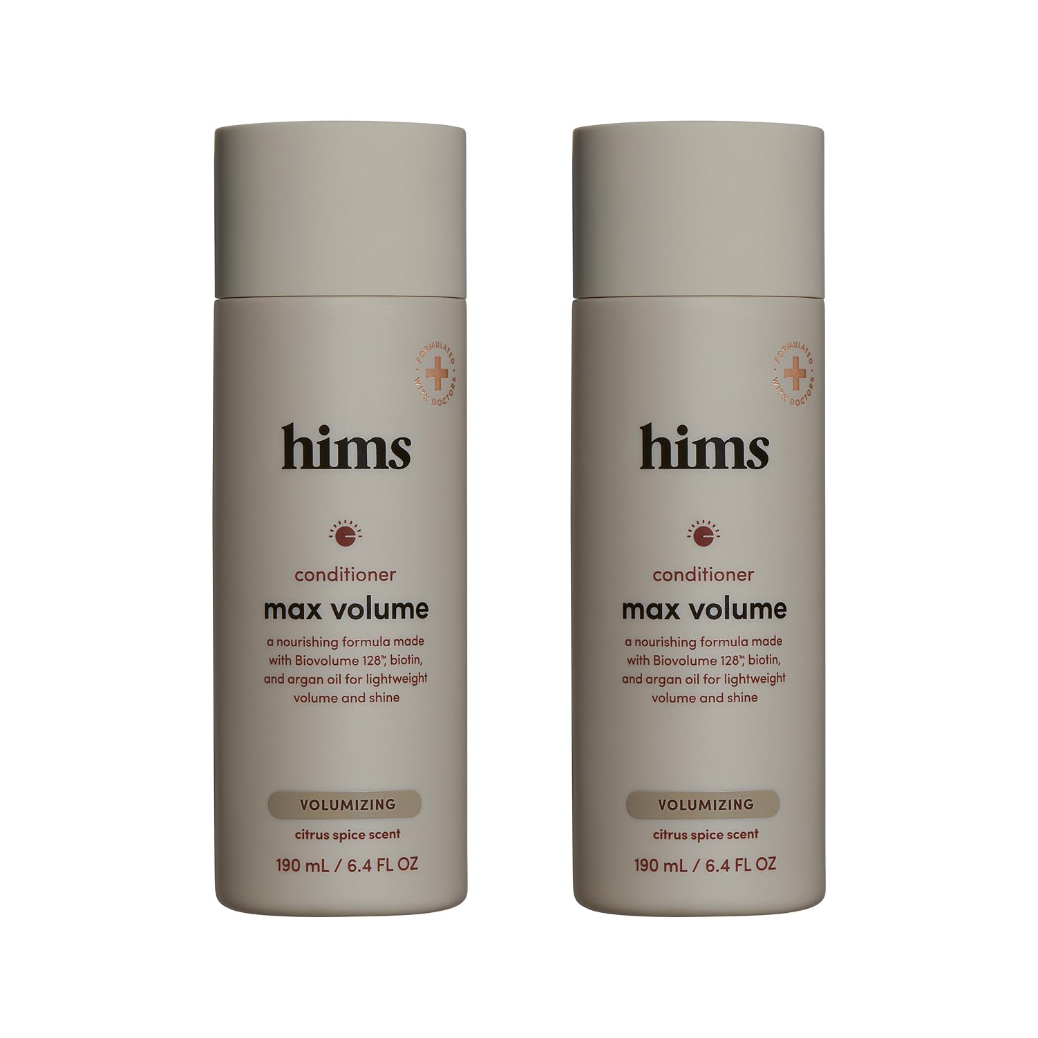 hims front packaging showing two 6.4 fl oz bottles and citrus spice scent benefit