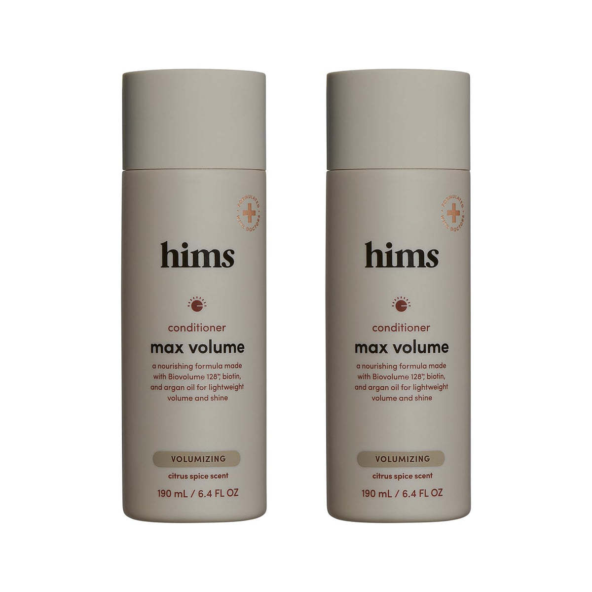hims front packaging showing two 6.4 fl oz bottles and citrus spice scent benefit