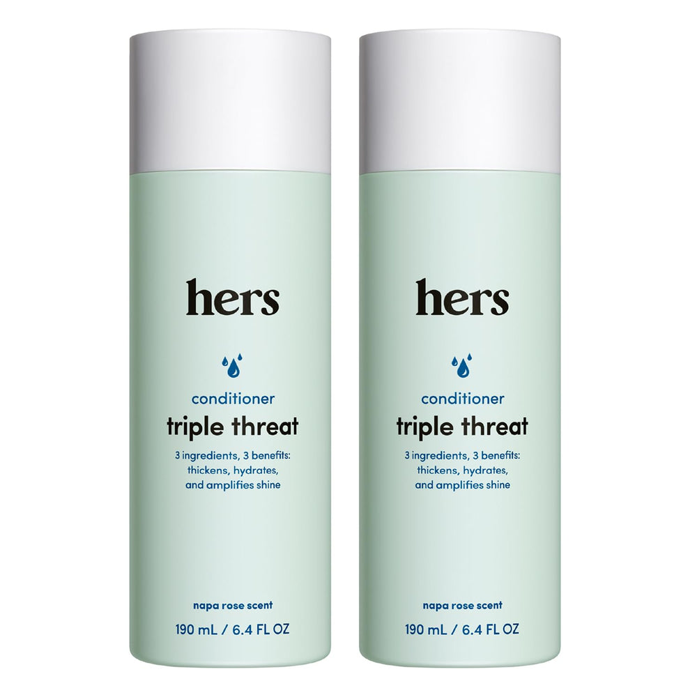 HIMS & HERS front packaging showing two 6.4 fl oz bottles and benefits
