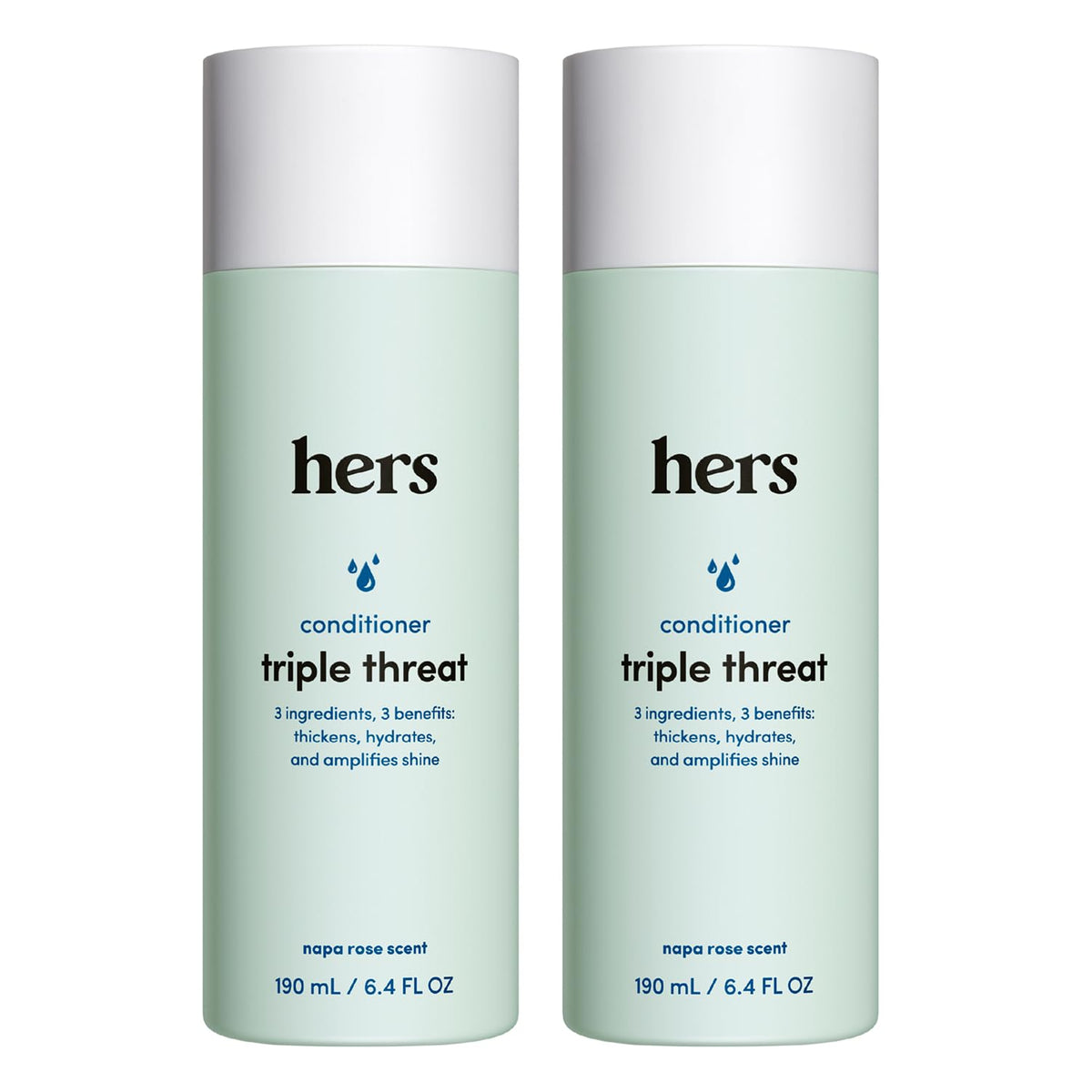 HIMS & HERS front packaging showing two 6.4 fl oz bottles and benefits