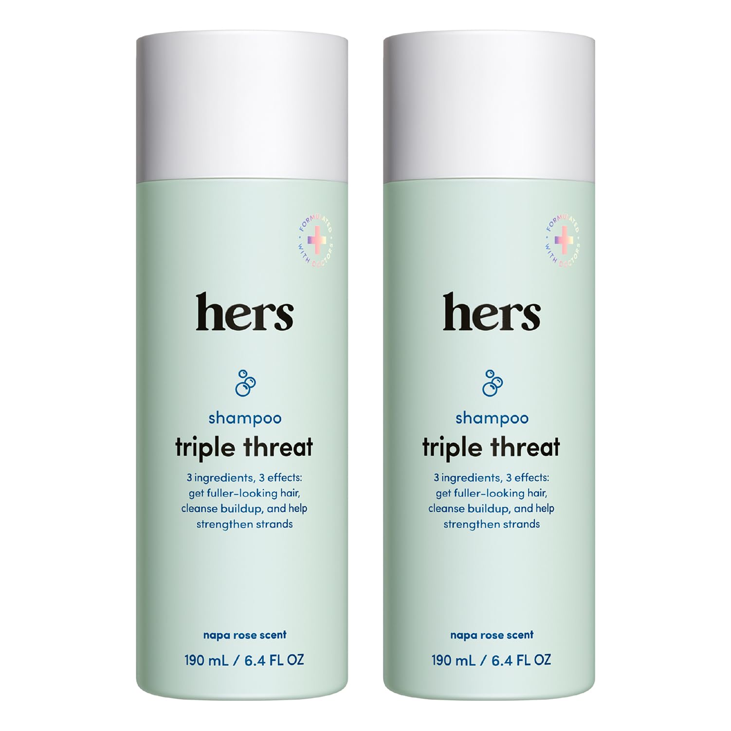 HERS Triple Threat shampoo front packaging showing bottle and branding for fuller hair