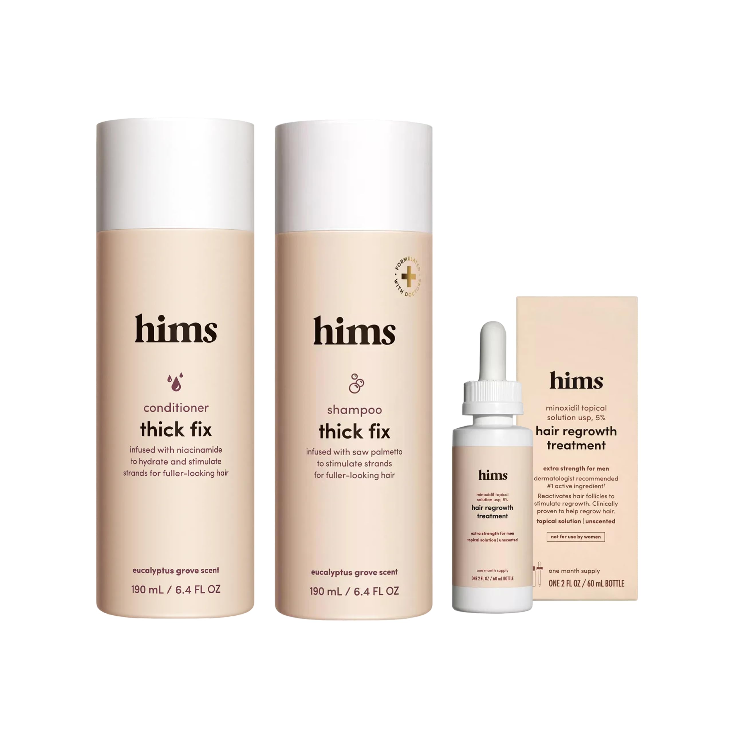 hims front packaging showing set for fuller-looking hair benefits