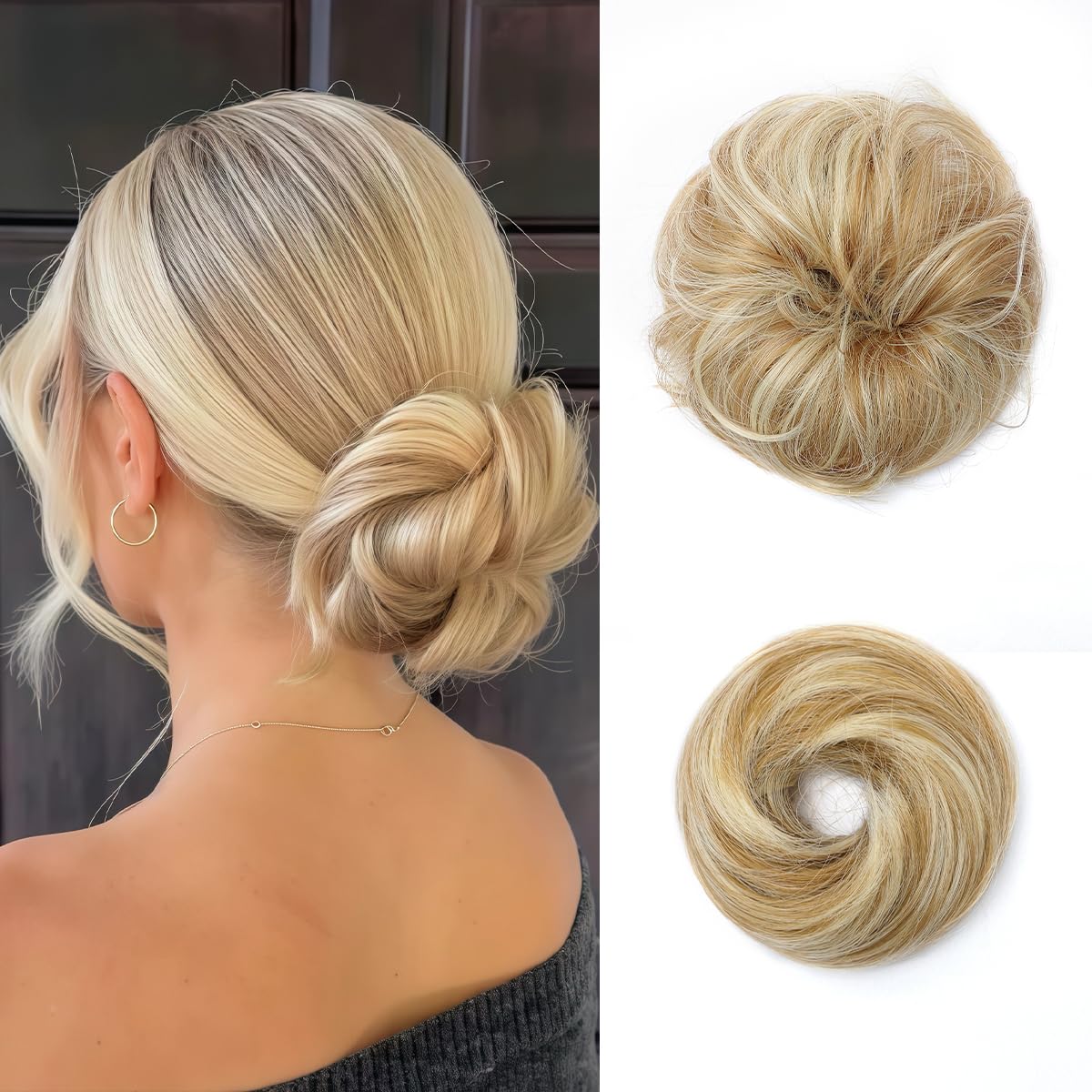 HIRCOMP front packaging showing two curly bun pieces and included pins, easy styling