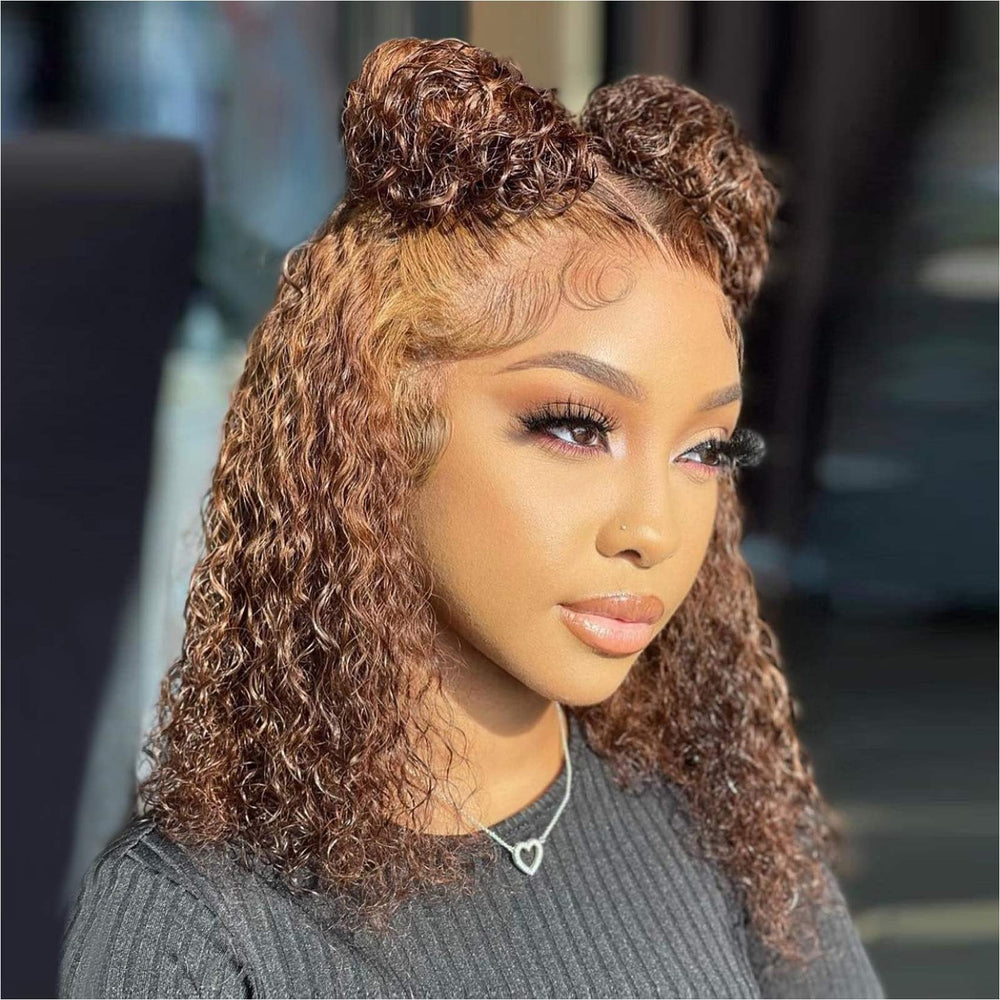 HIRIREMY front view curly bob showing realistic hairline and honey blonde ombre benefit natural look