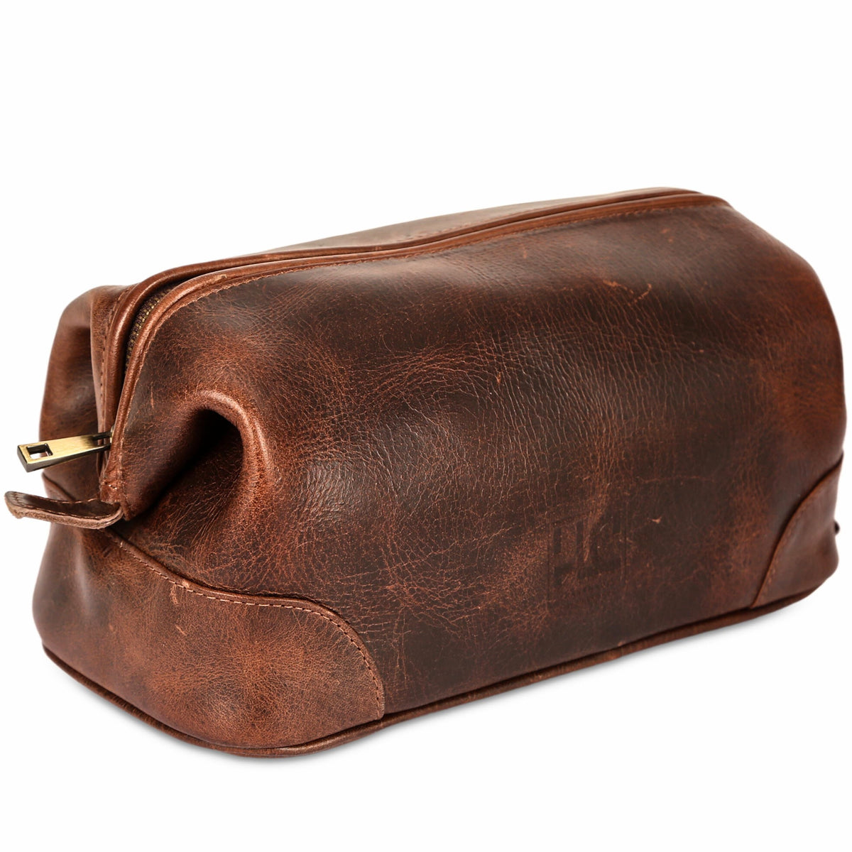 HLC leather toiletry bag front view showing stylish brown finish and travel-ready design