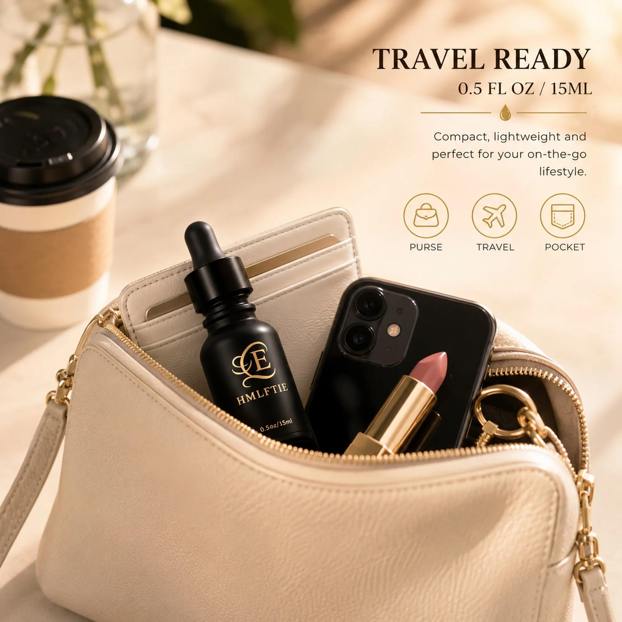HMLFTIE black glass bottle next to a coin for size comparison, travel-friendly