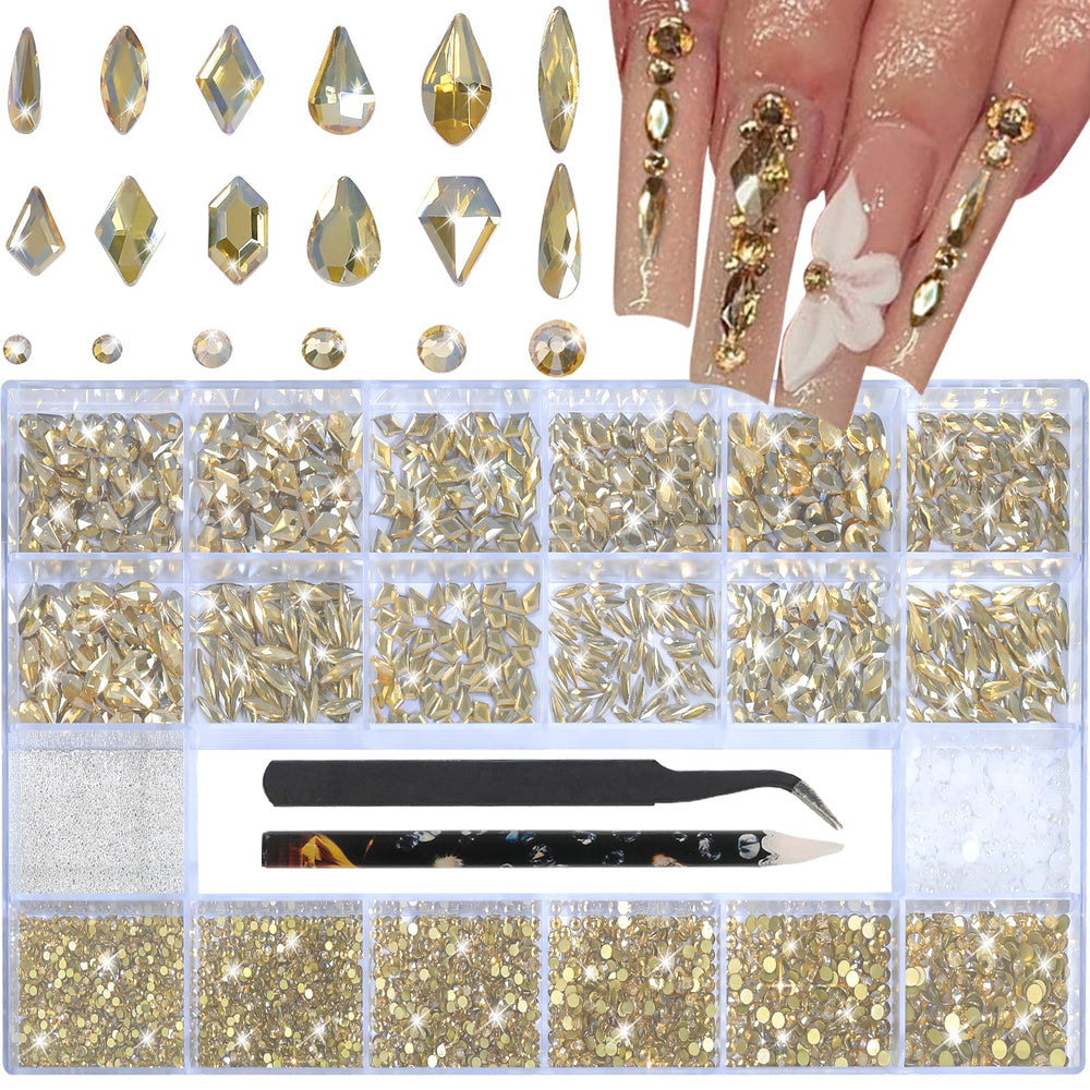 HNUIX front packaging showing 600-piece champagne gold gem kit, ideal for varied nail looks