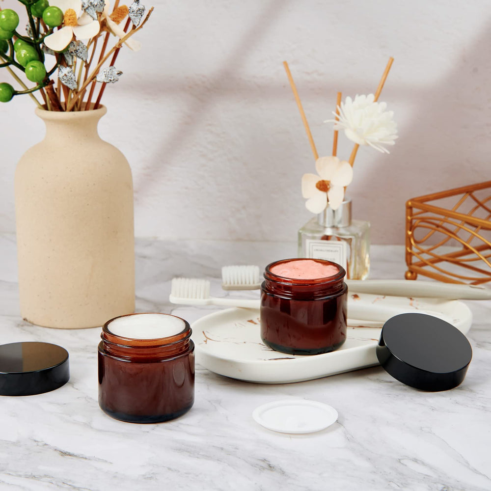 hoa kinh jars displayed on bathroom counter for attractive storage