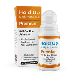 Hold Up Body Adhesive roller package showing compact 2 oz size benefit