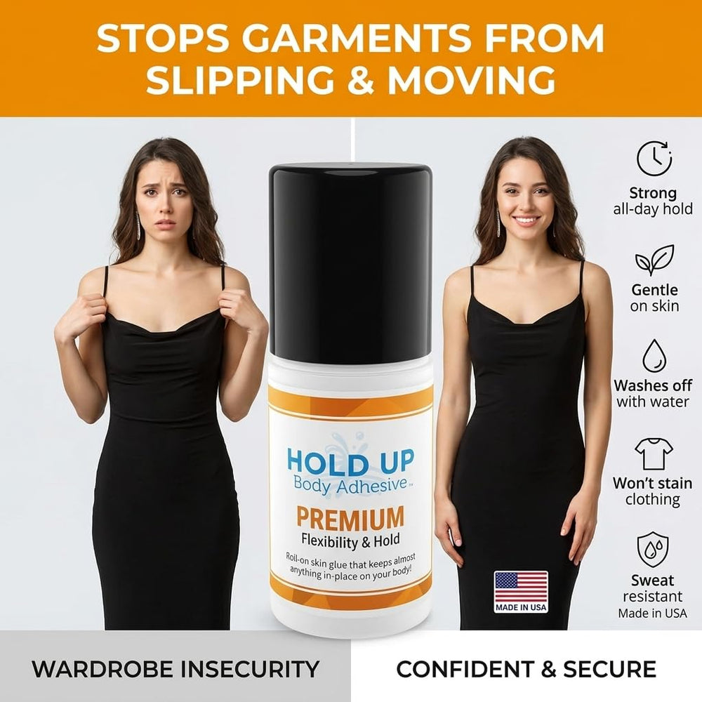Hold Up Body Adhesive label detail showing directions and safety benefit