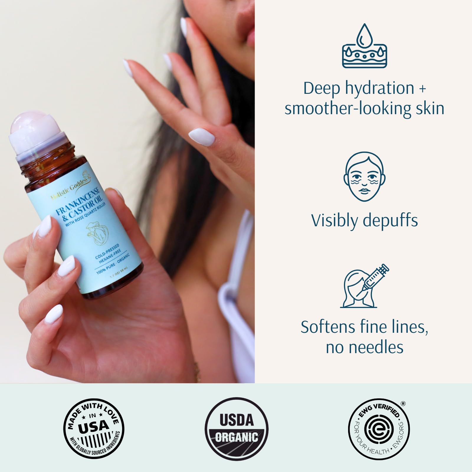 Holistic Goddess label close-up listing frankincense and organic castor oil