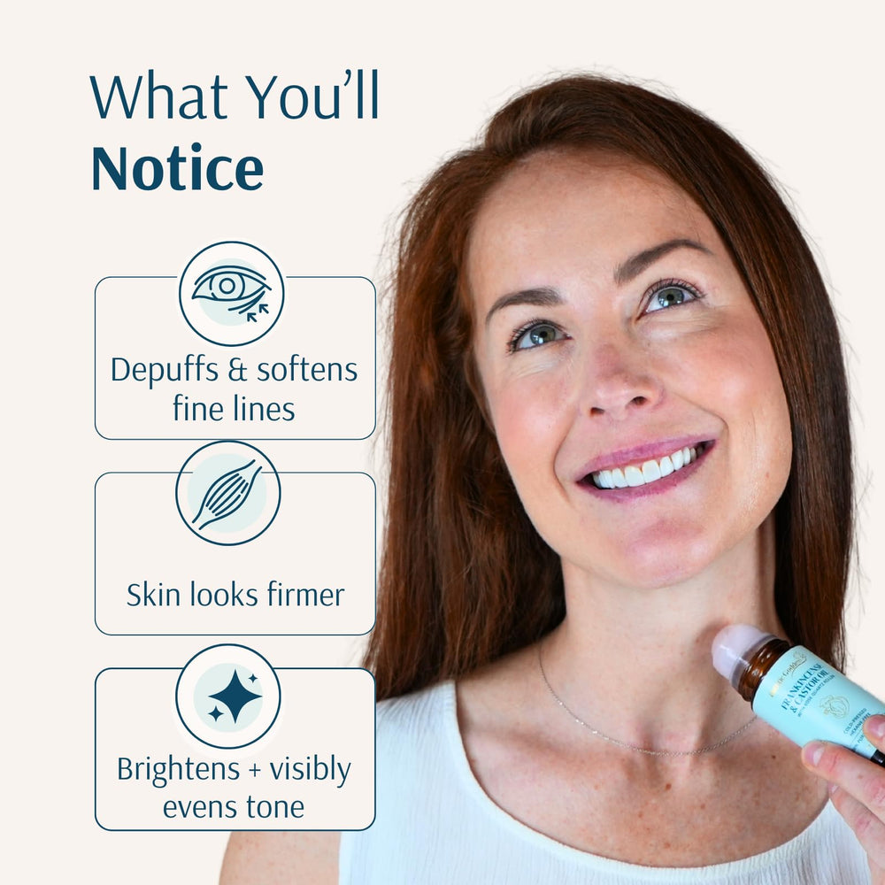 Holistic Goddess roll-on applied under eye to reduce puffiness and brighten