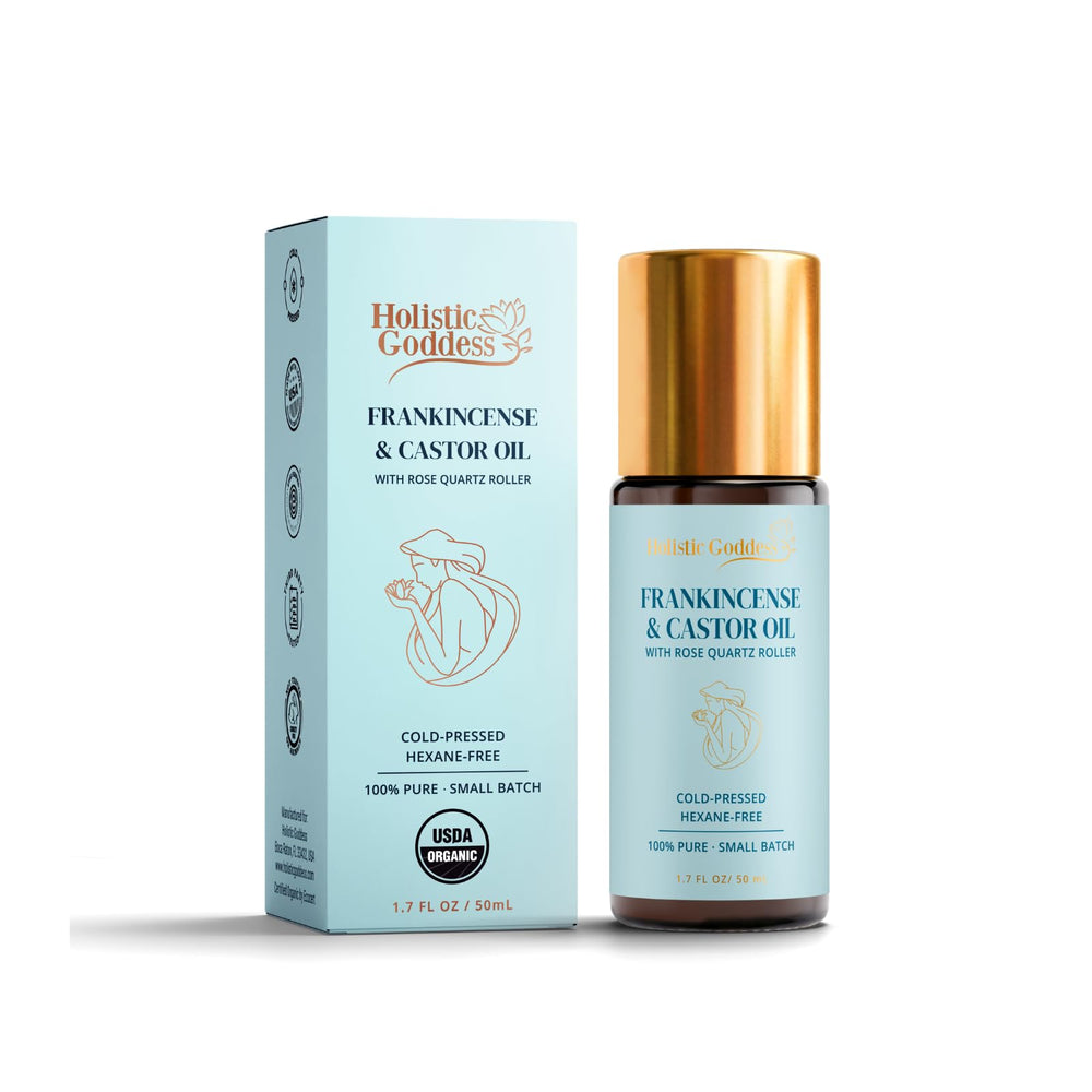 Holistic Goddess roll-on front packaging showing bottle and label benefits