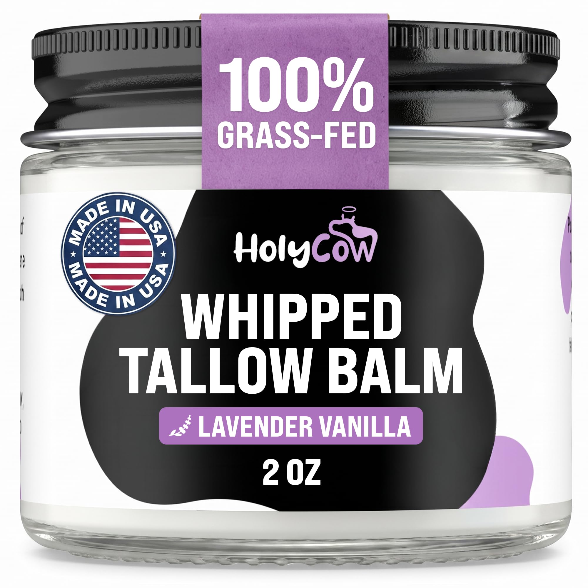 HolyCow jar front view showing lavender-vanilla label and calming scent benefit