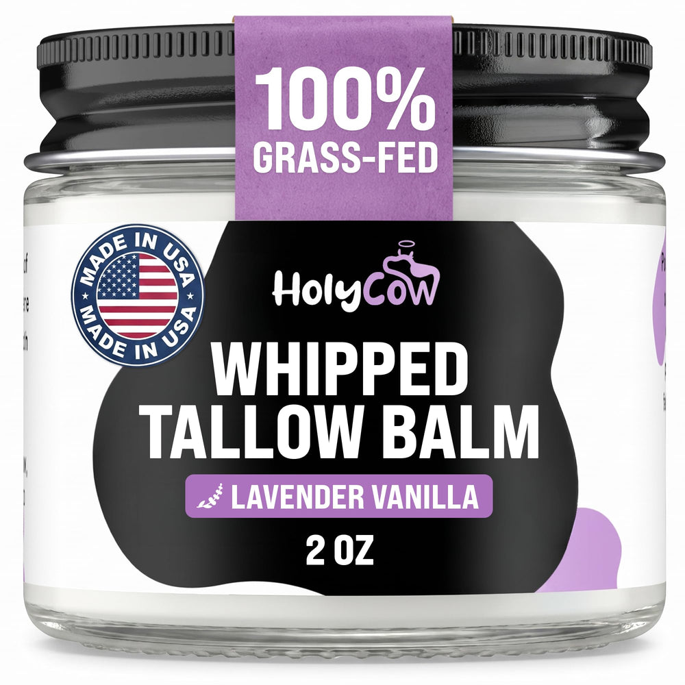 HolyCow jar front view showing lavender-vanilla label and calming scent benefit